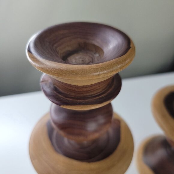 Wooden Candlestick Holders Tapered Solid Grain Two Tone Turned Pair Set 6.5 Inch - Picture 9 of 16